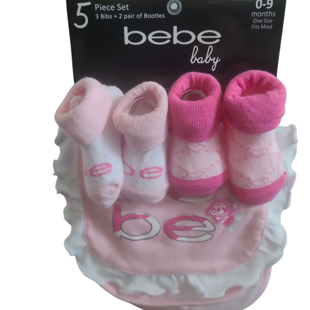 Bebe Baby Pink and White Bibs and Booties Set